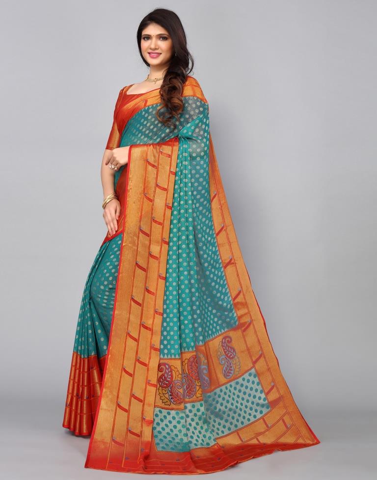 Turquoise Green Brasso Printed Woven Saree | Leemboodi