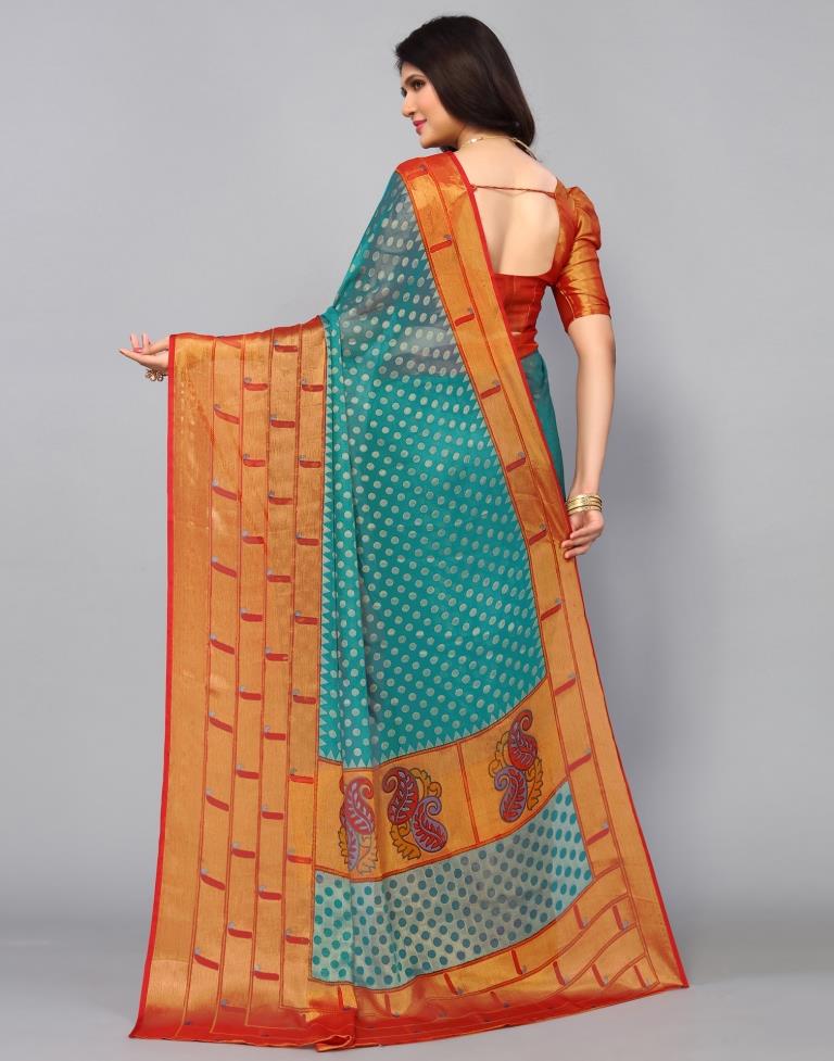 Turquoise Green Brasso Printed Woven Saree | Leemboodi