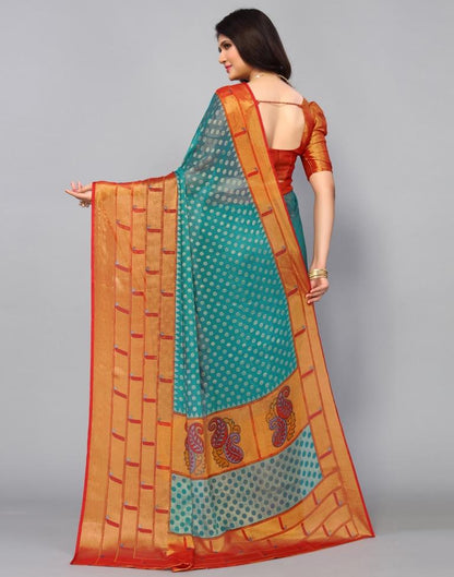 Turquoise Green Brasso Printed Woven Saree | Leemboodi