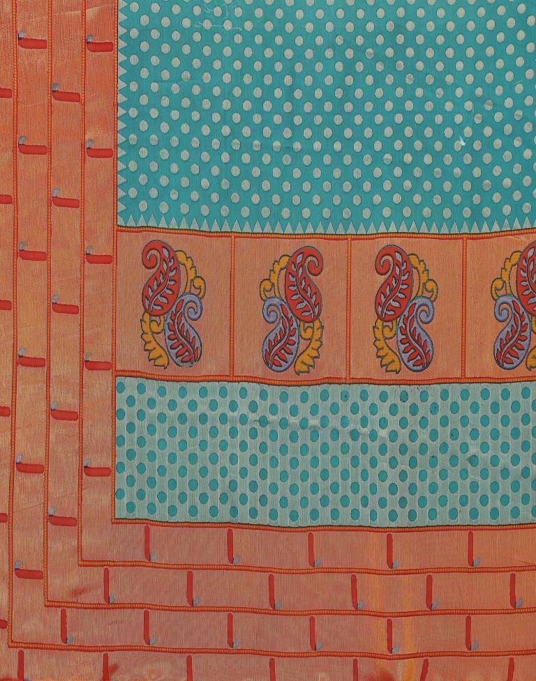 Turquoise Green Brasso Printed Woven Saree | Leemboodi