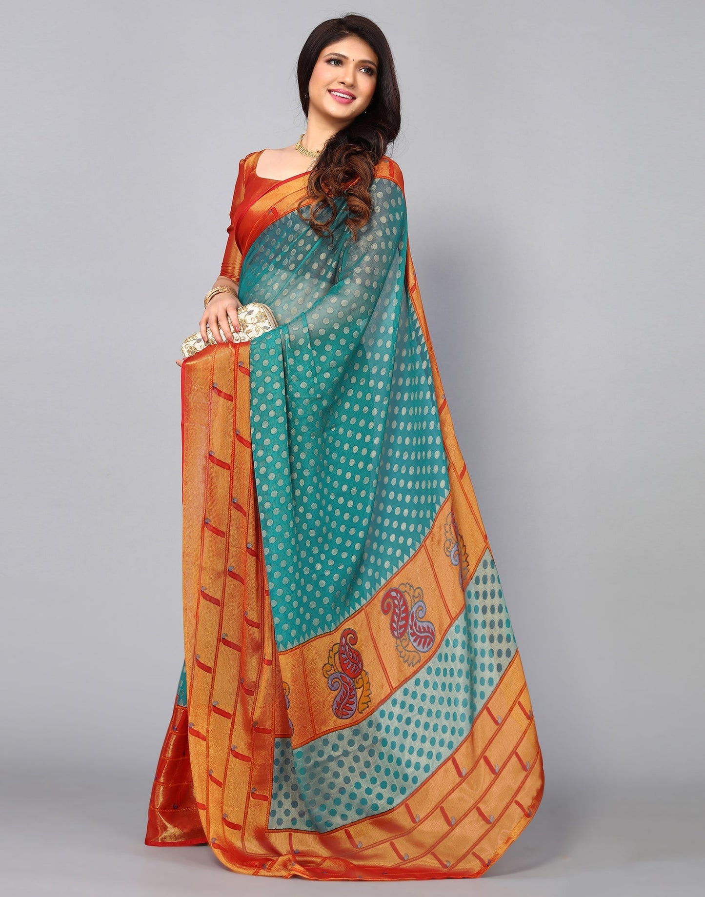 Turquoise Green Brasso Printed Woven Saree | Leemboodi