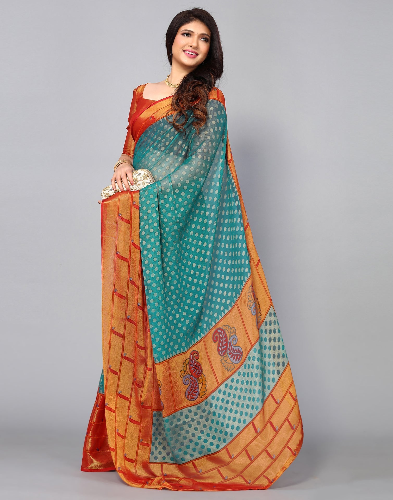 Turquoise Green Brasso Printed Woven Saree | Leemboodi
