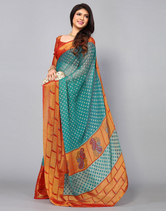 Turquoise Green Brasso Printed Woven Saree | Leemboodi