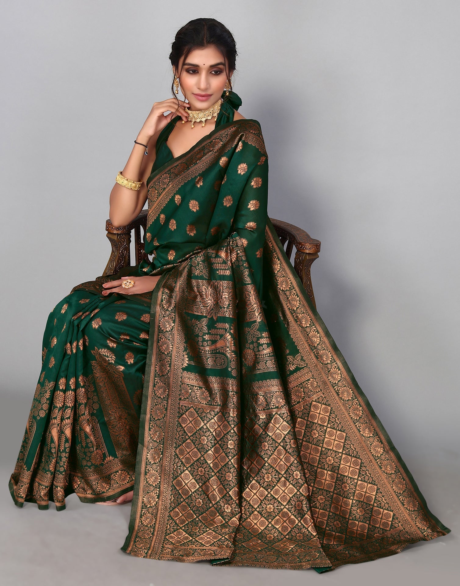 Dark Green Banarasi Silk Saree | Sudathi