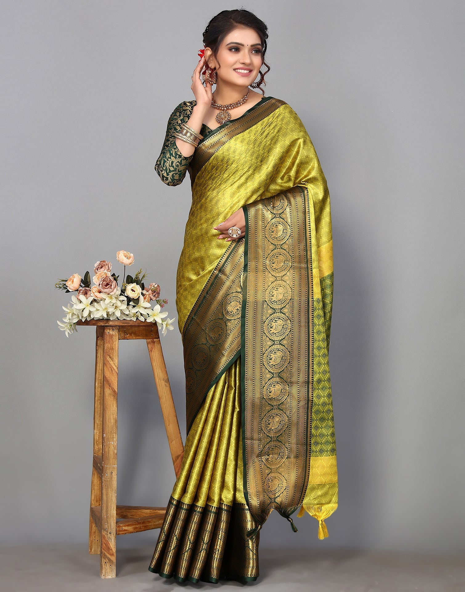 Lemon Green Kanjivaram Silk Saree | Sudathi