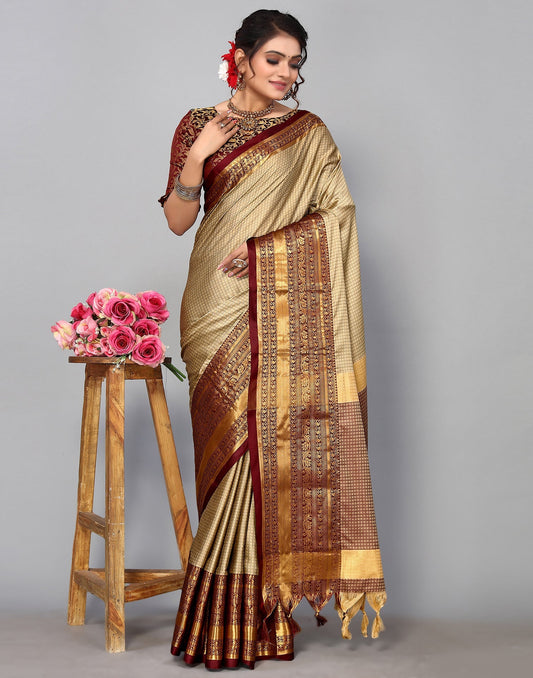 Beige Kanjivaram Silk Saree | Leemboodi