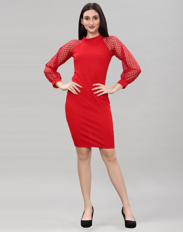 Red Coloured Lycra Knitted Bodycon Dress | Sudathi