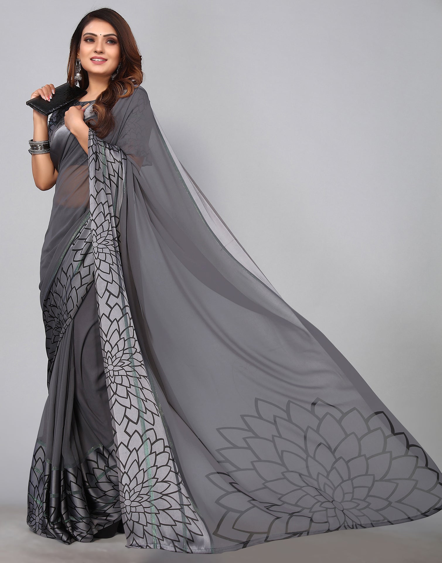 Dark Grey Georgette Saree | Sudathi