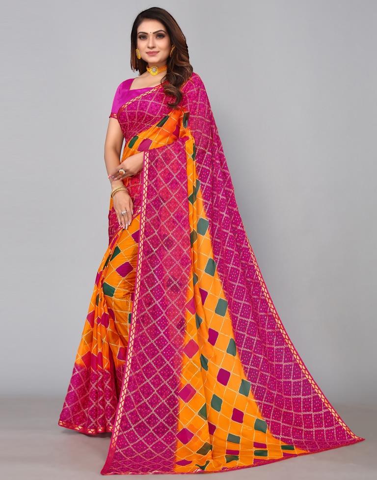 Turmeric Yellow Chiffon Bandhani Printed Saree