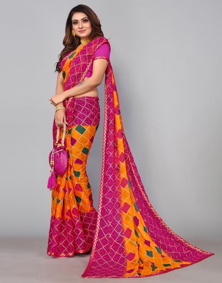Turmeric Yellow Chiffon Bandhani Printed Saree