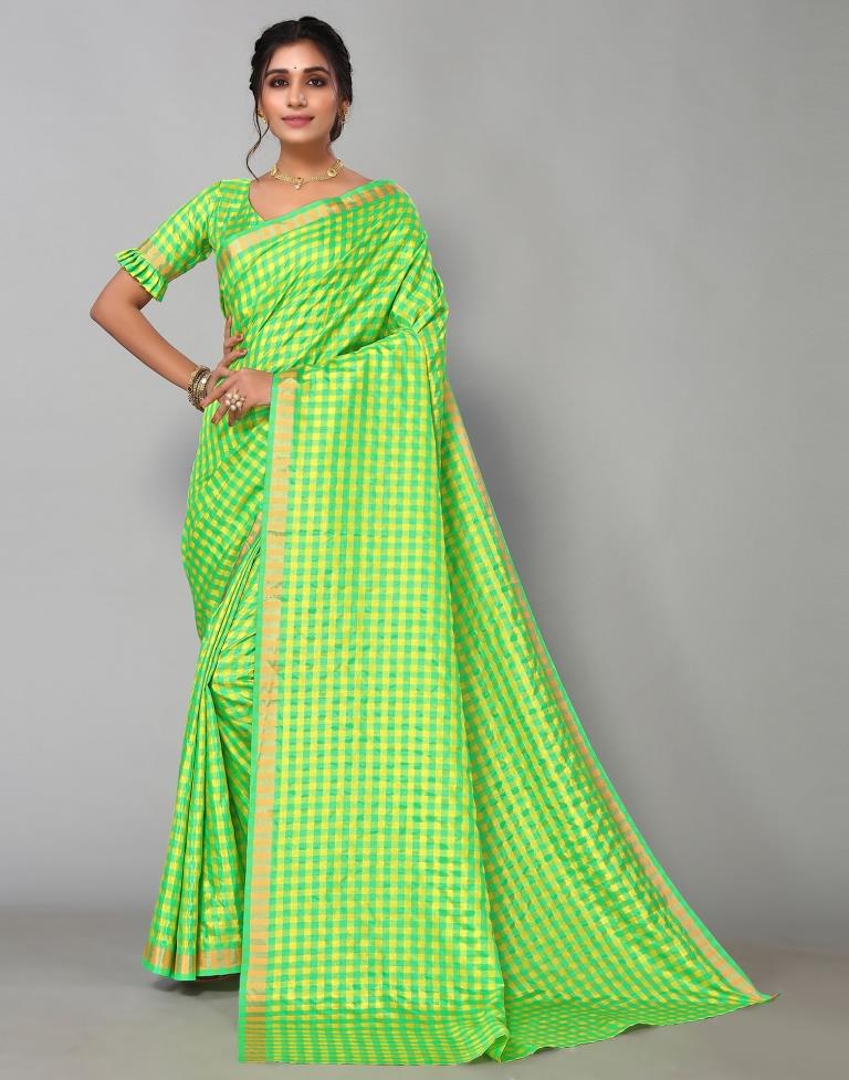 Parrot Green Silk Geometric Woven Saree | Sudathi