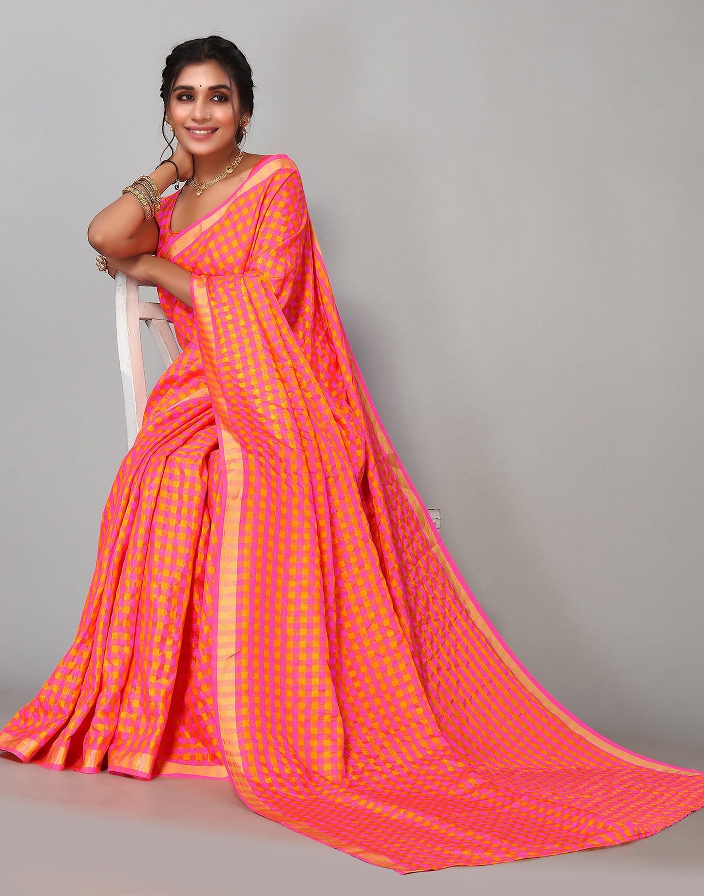 Neon Pink Silk Geometric Woven Saree | Sudathi