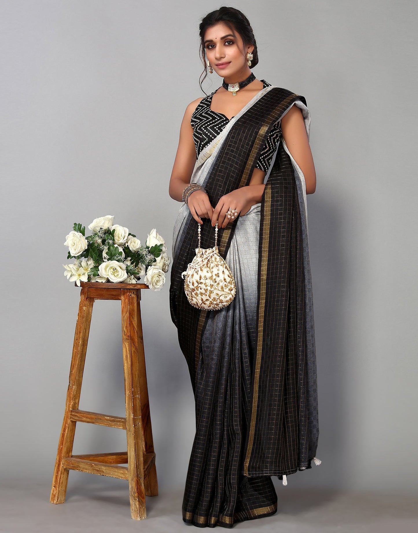 Grey Silk Geometric Woven Saree | Sudathi