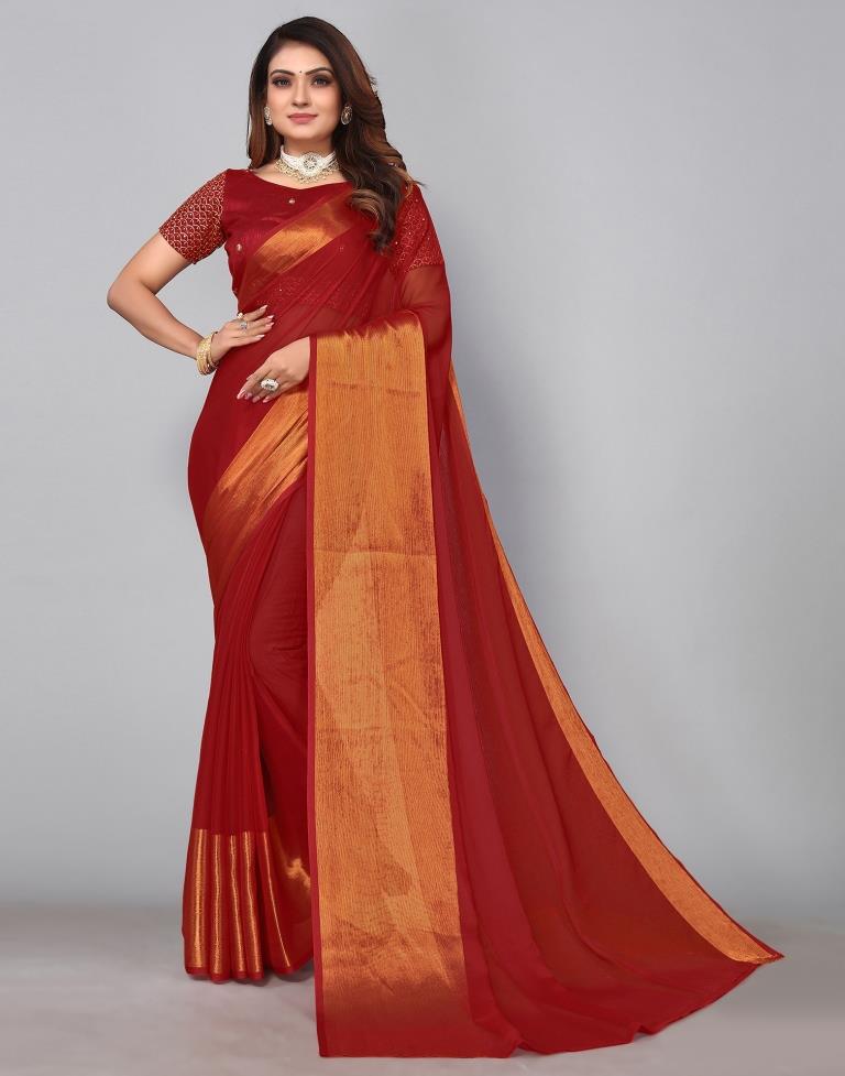 Maroon Chiffon Plain Saree