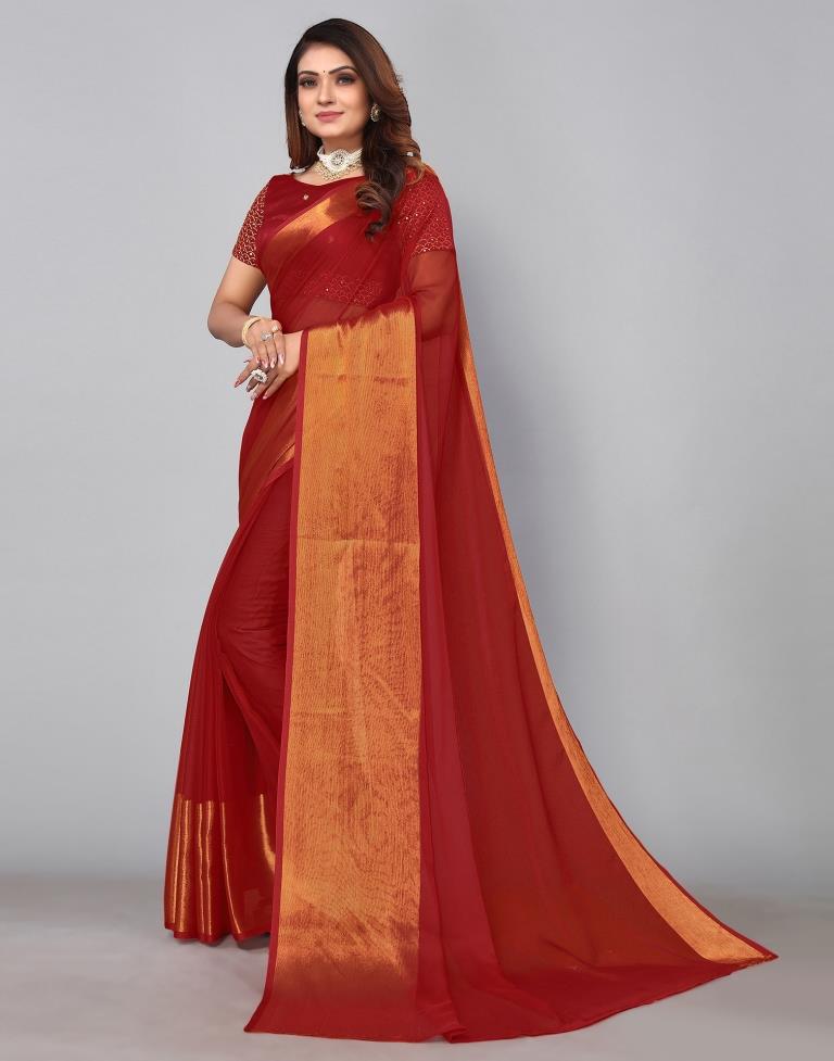Maroon Chiffon Plain Saree