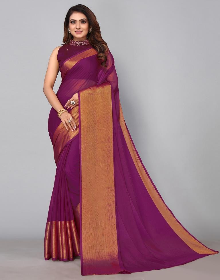 Navy Blue Chiffon Plain Saree