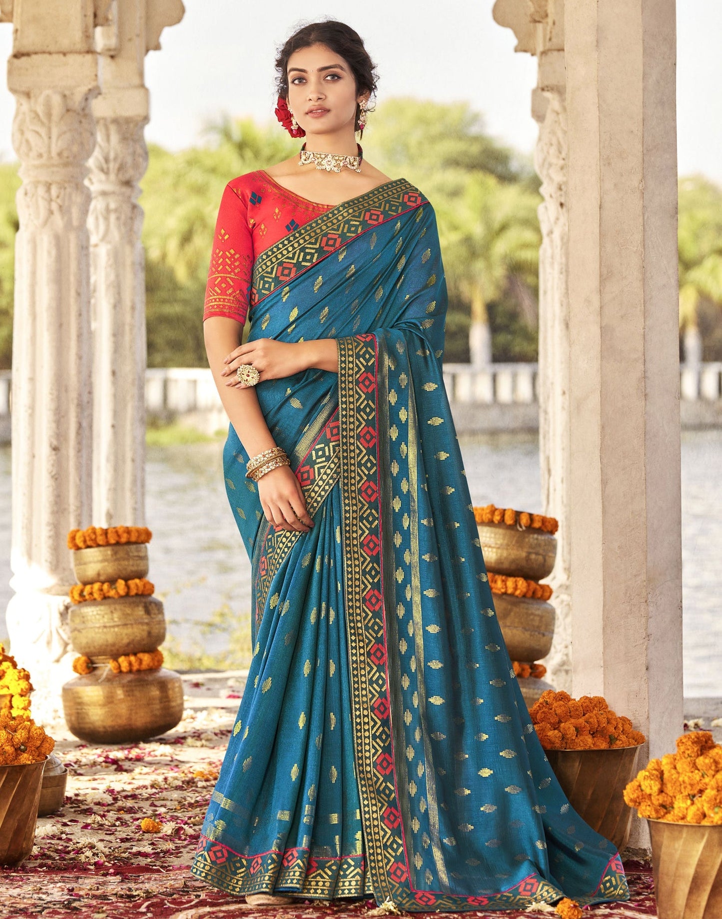 Teal Blue Silk Saree | Leemboodi