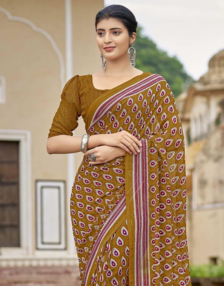 Brown Georgette Printed Saree