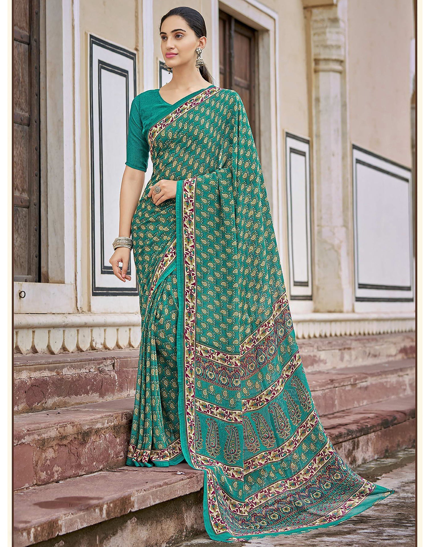 Rama Green Georgette Saree | Leemboodi