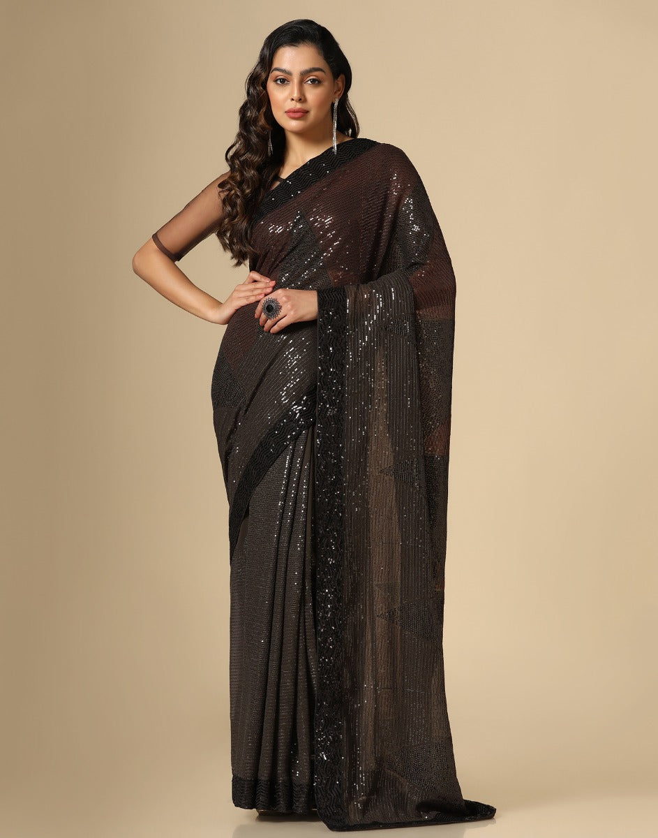 Brown Georgette Sequence Saree | Leemboodi