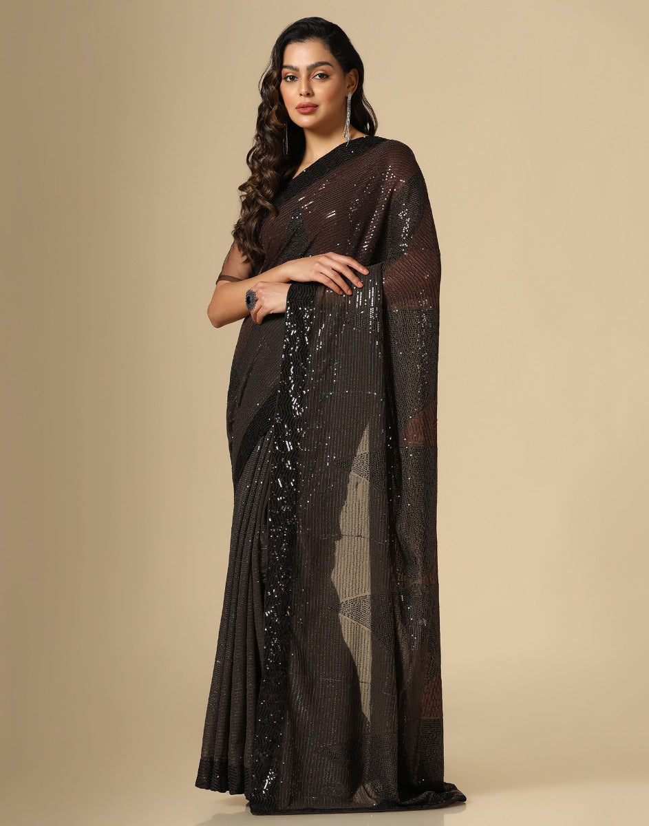Brown Georgette Sequence Saree | Leemboodi