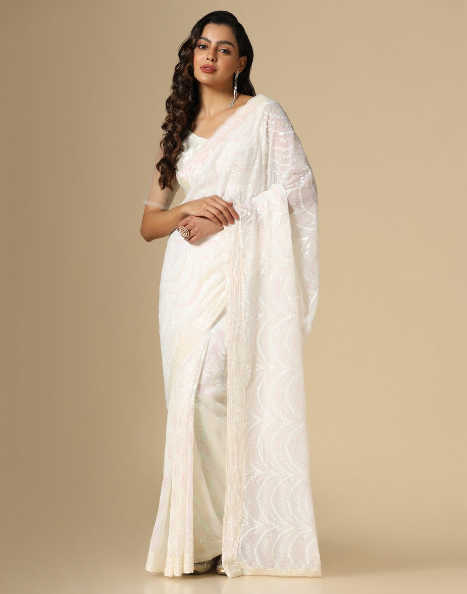 Off White Georgette Sequence Saree | Leemboodi