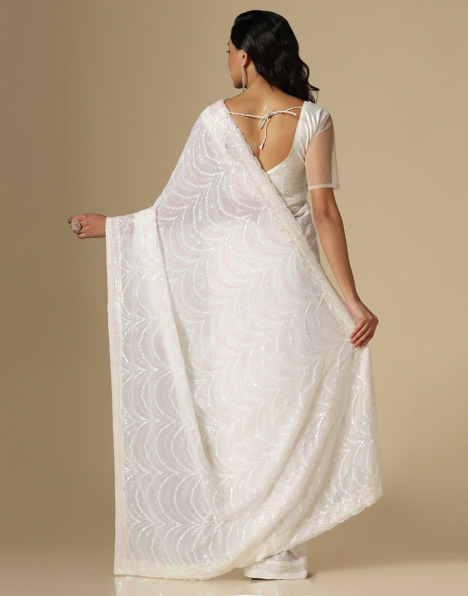Off White Georgette Sequence Saree | Leemboodi