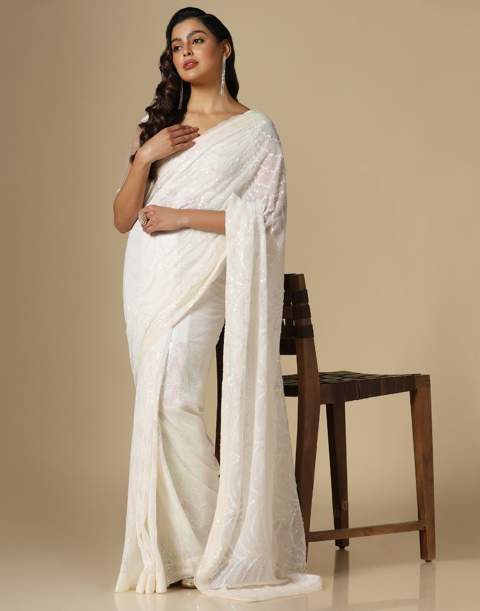 Off White Georgette Sequence Saree | Leemboodi