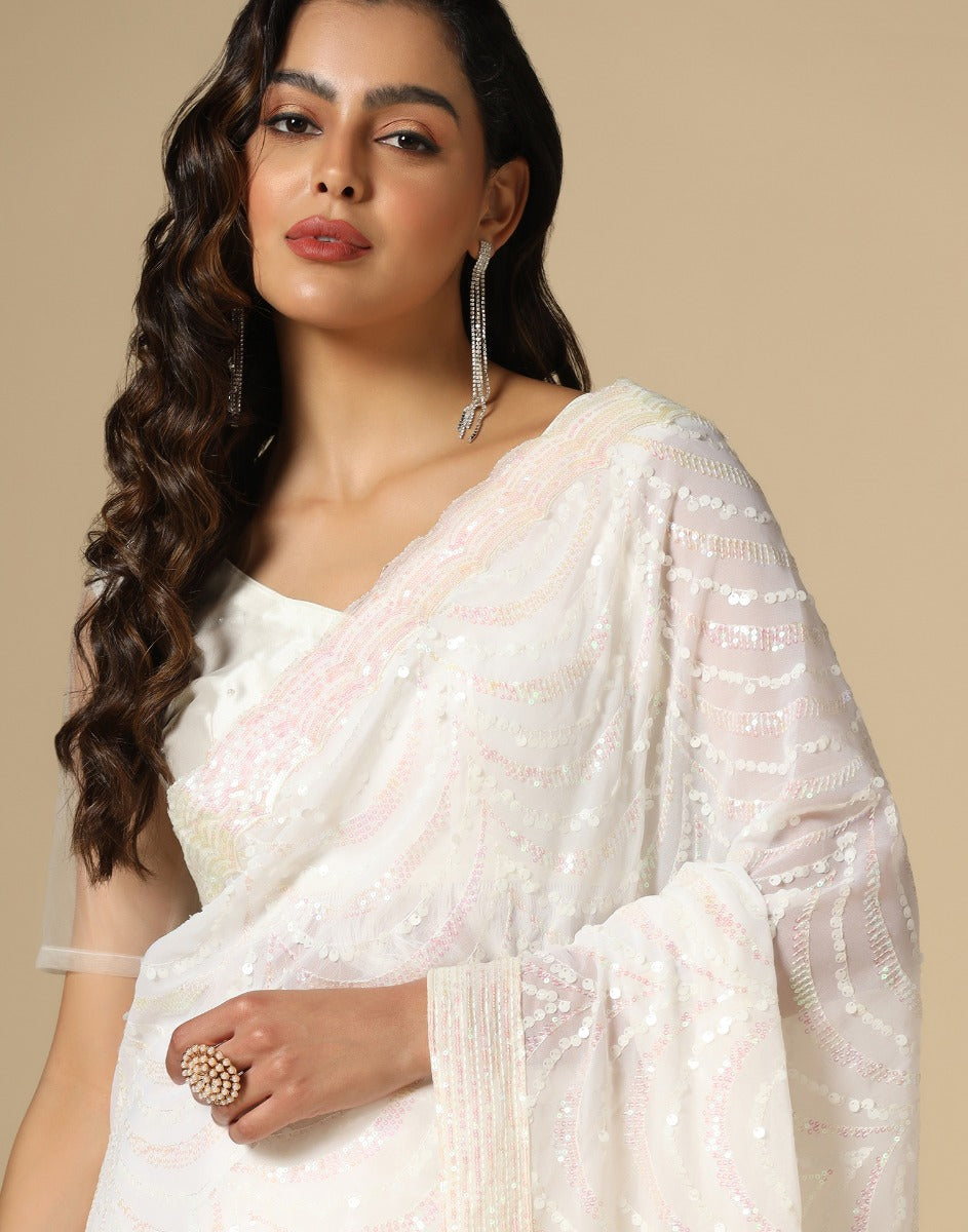 Off White Georgette Sequence Saree | Leemboodi
