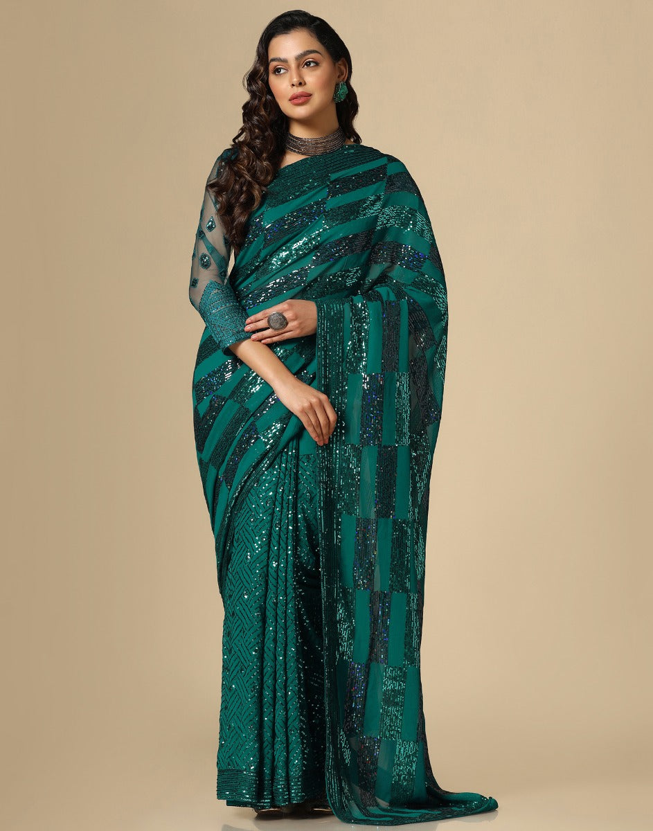 Green Georgette Sequence Saree | Leemboodi