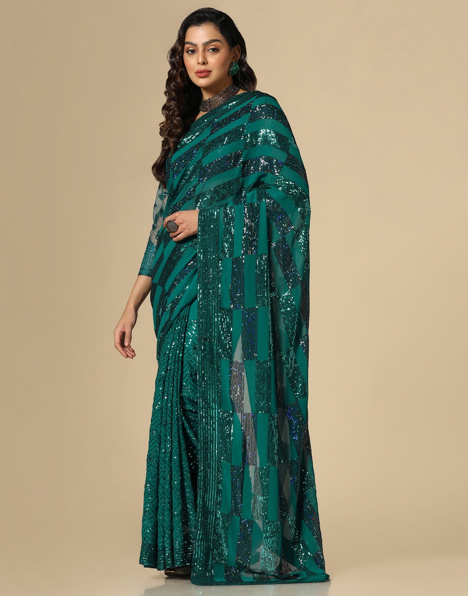 Green Georgette Sequence Saree | Leemboodi