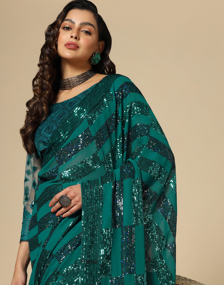 Green Georgette Sequence Saree | Leemboodi