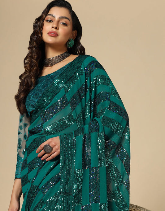 Green Georgette Sequence Saree | Leemboodi