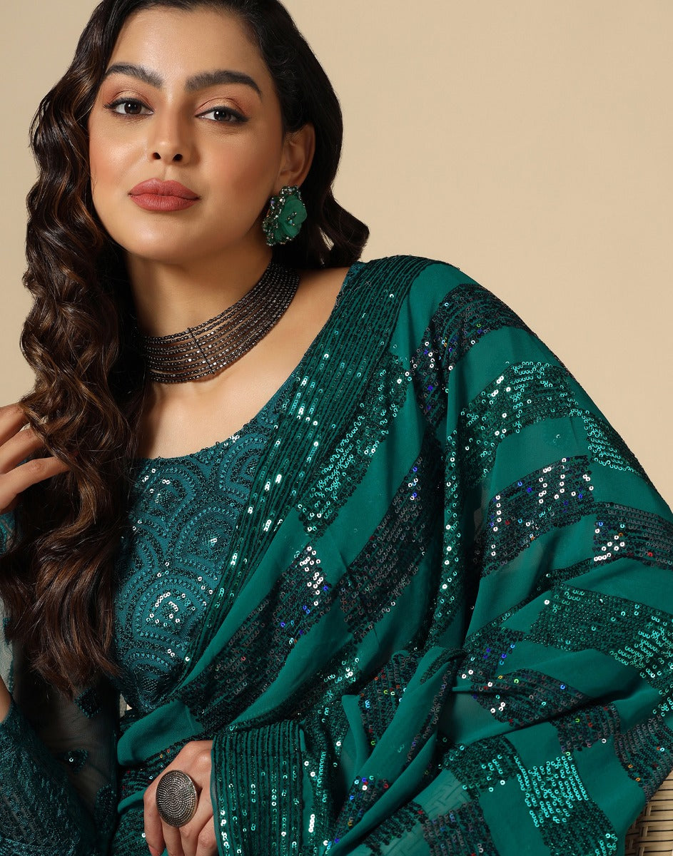 Green Georgette Sequence Saree | Leemboodi