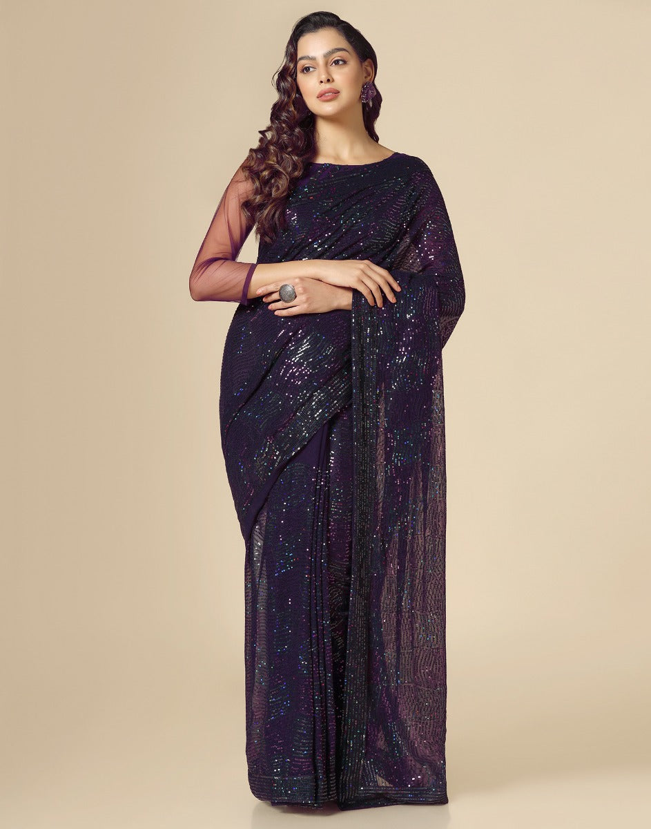 Dark Purple Georgette Sequence Saree | Leemboodi