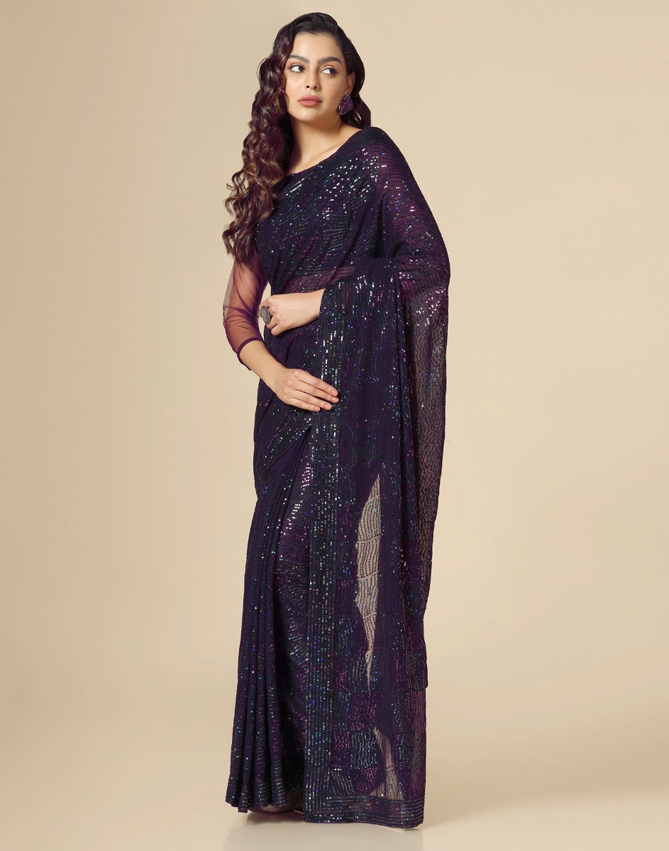 Dark Purple Georgette Sequence Saree | Leemboodi