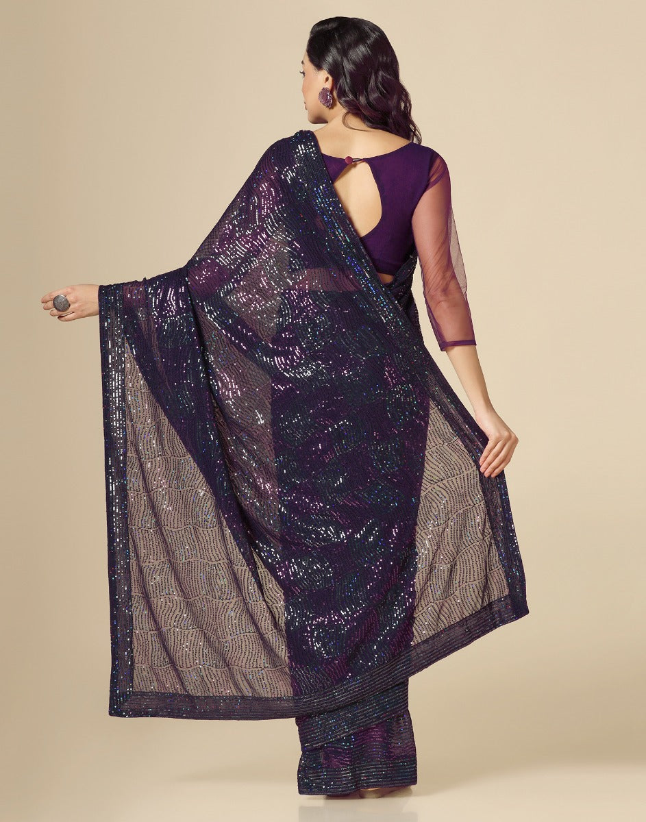 Dark Purple Georgette Sequence Saree | Leemboodi