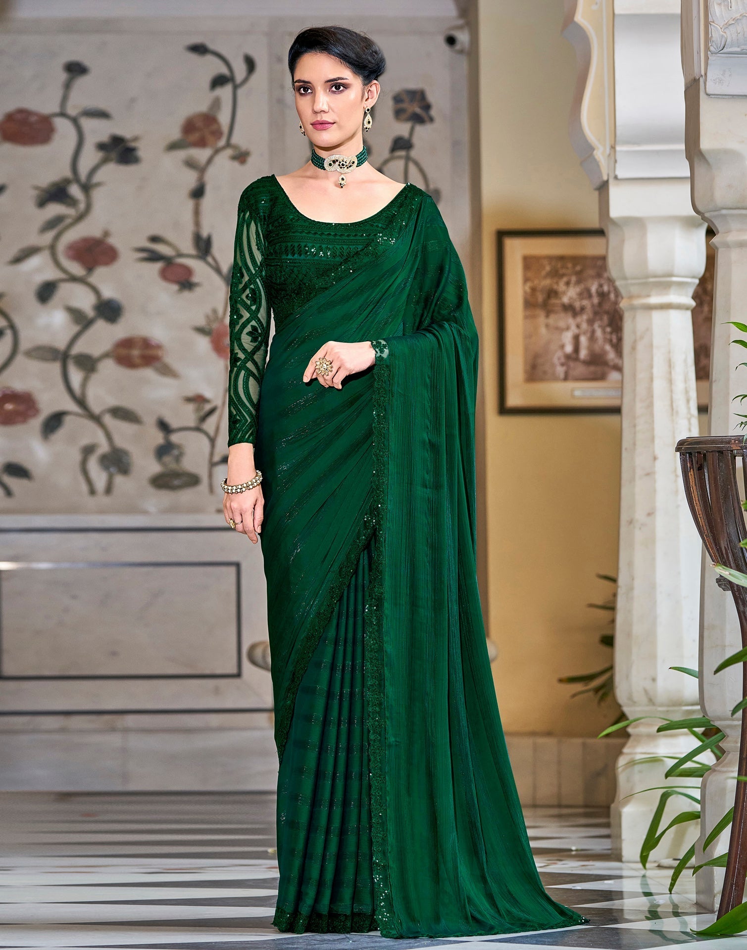 Dark Green Chiffon Sequence Saree | Leemboodi