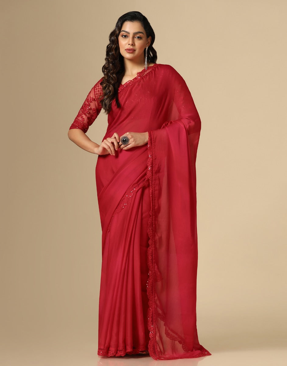 Red Chiffon Plain Saree | Leemboodi