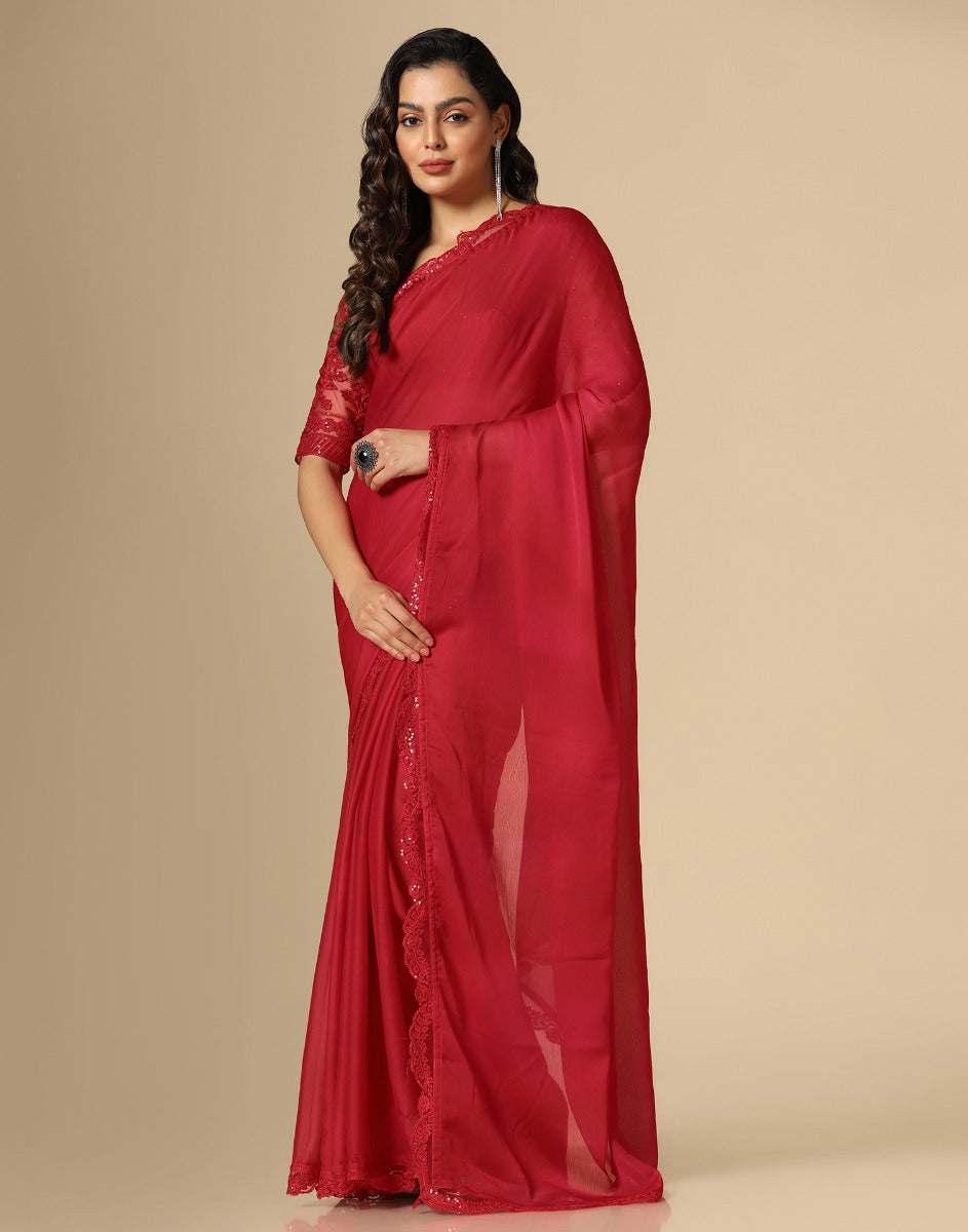 Red Chiffon Plain Saree | Leemboodi