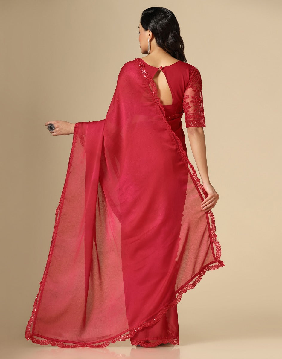 Red Chiffon Plain Saree | Leemboodi