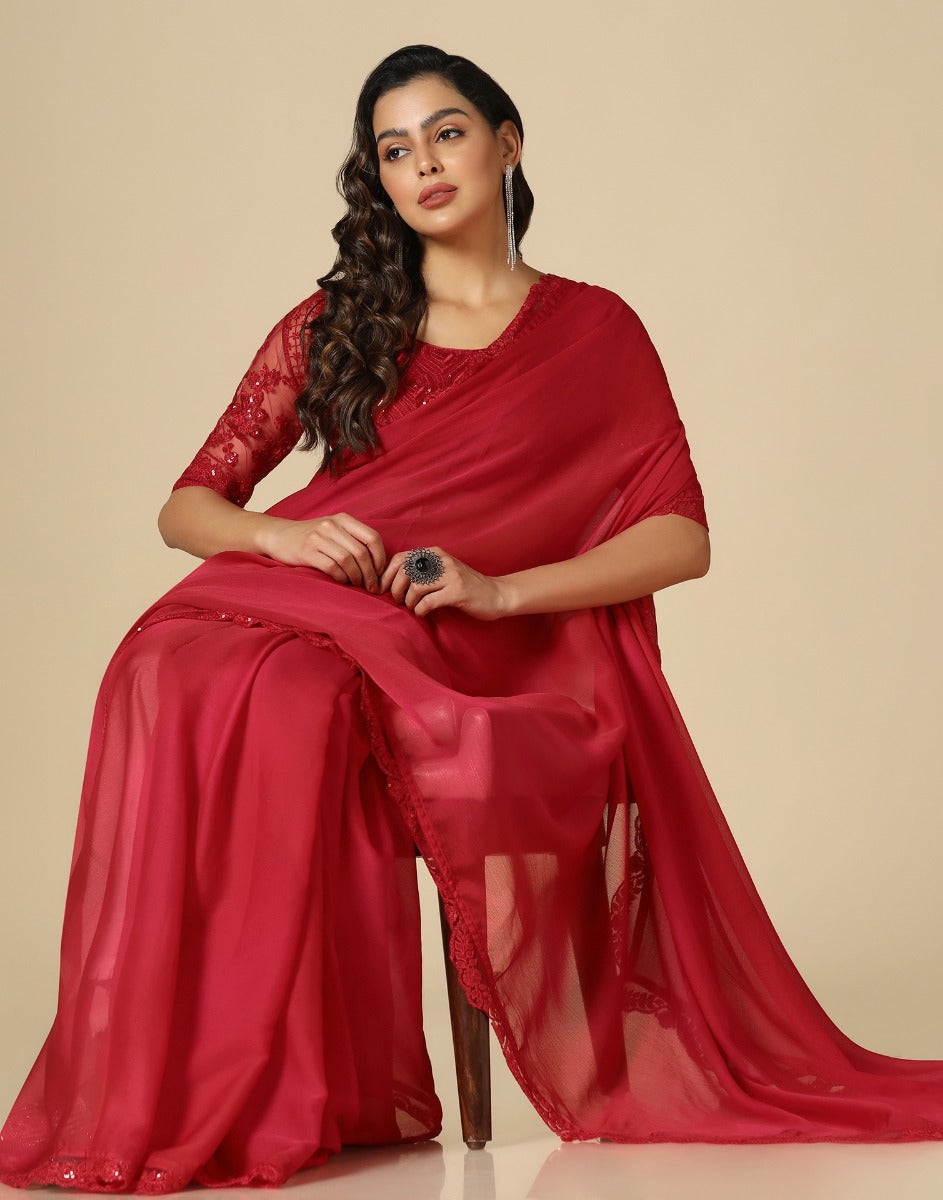 Red Chiffon Plain Saree | Leemboodi