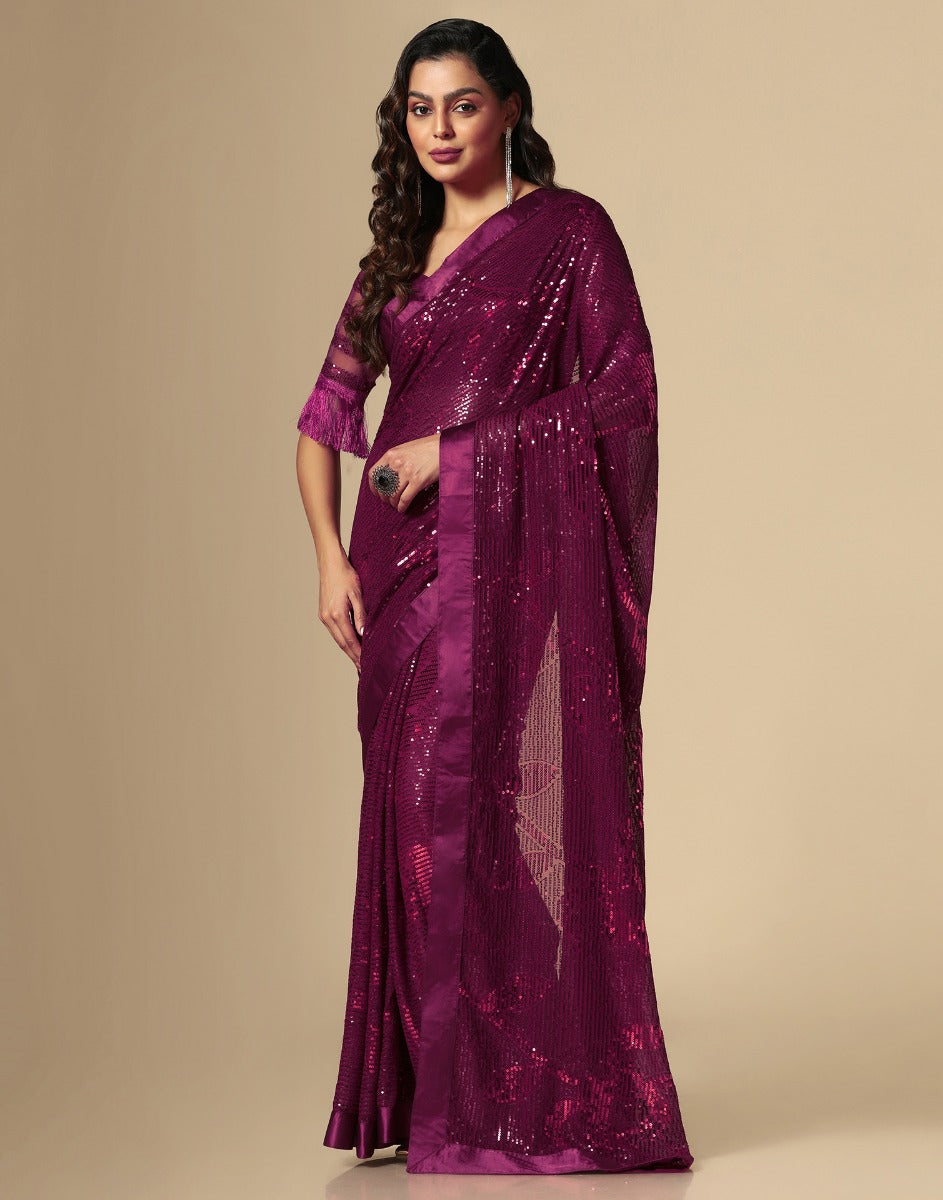 Wine Georgette Sequence Saree | Leemboodi