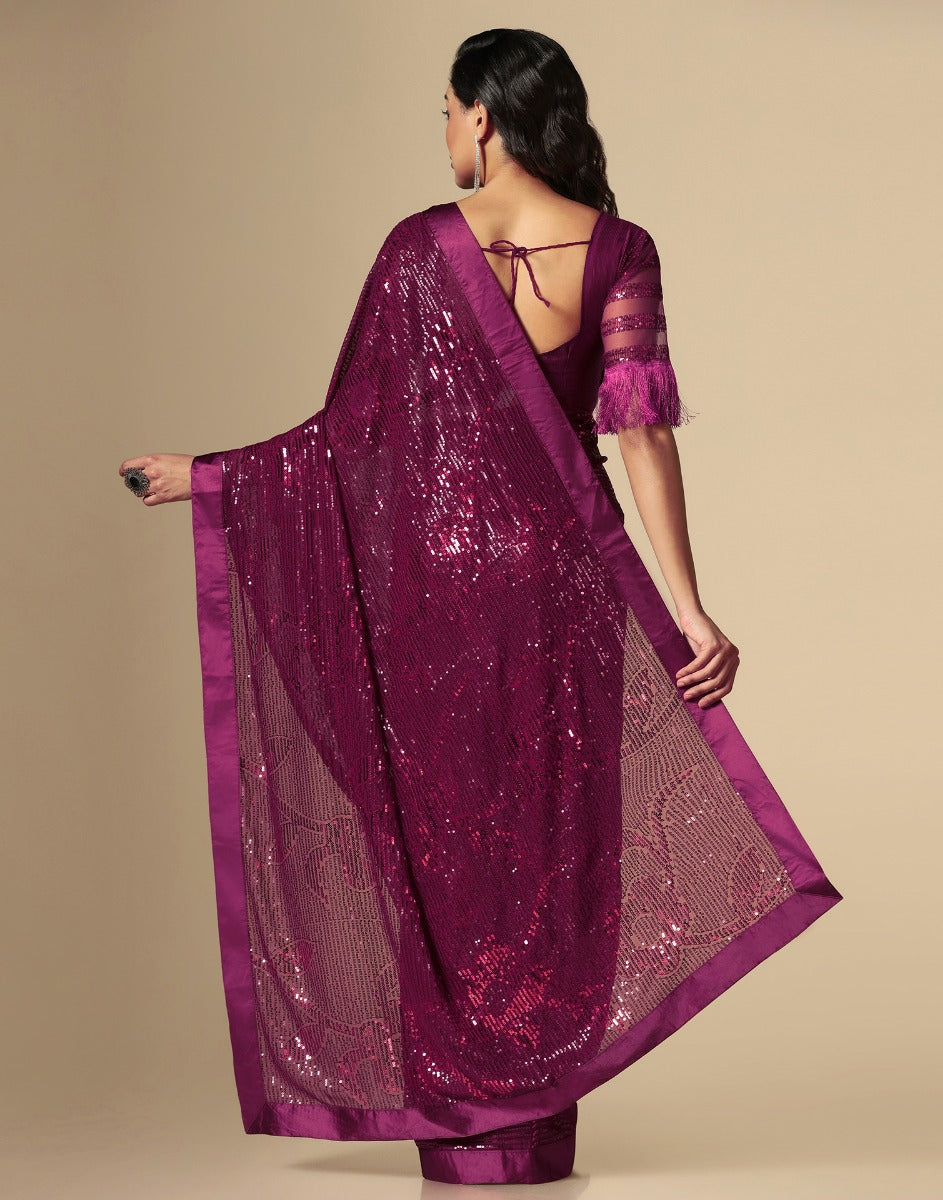 Wine Georgette Sequence Saree | Leemboodi