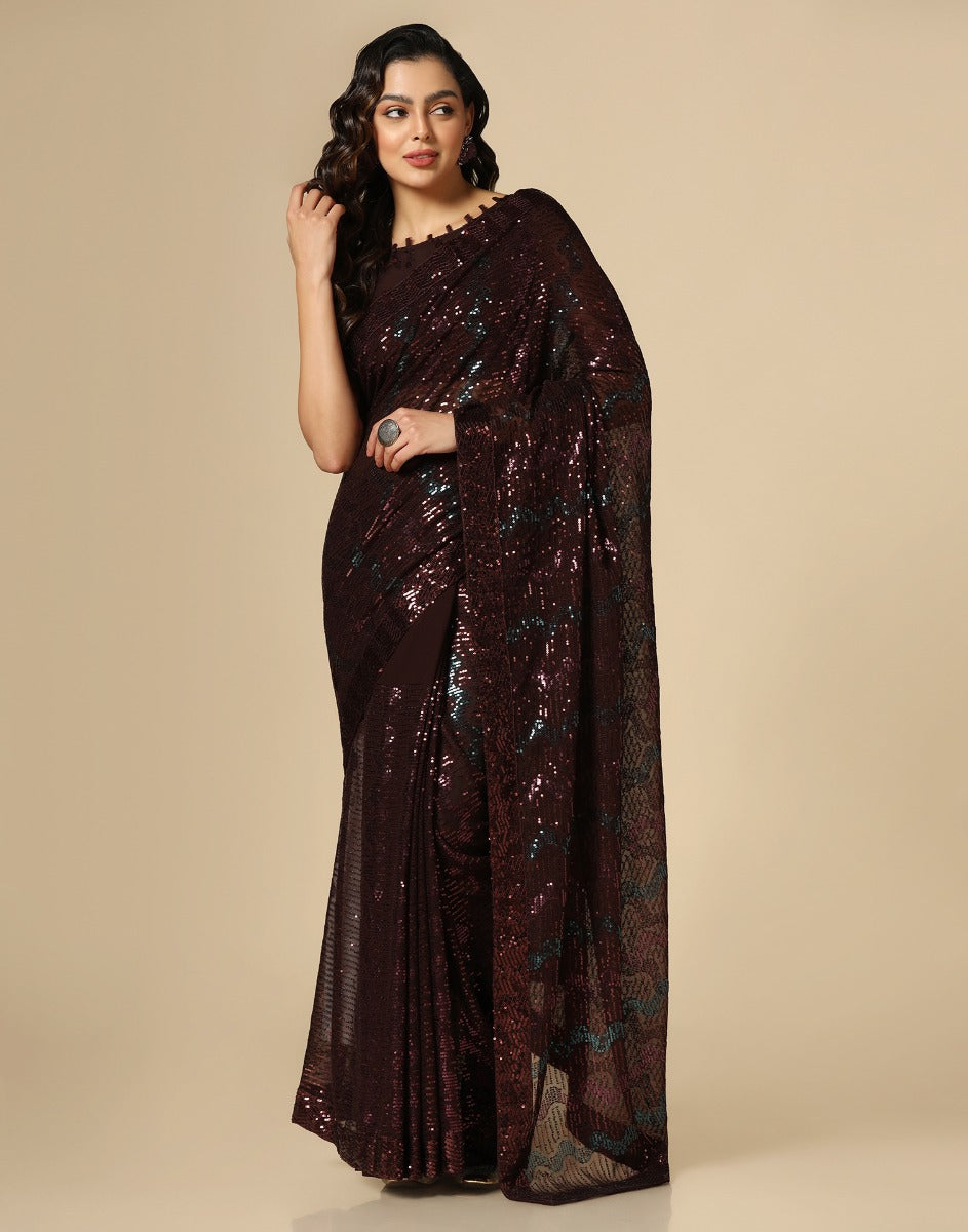 Brown Georgette Sequence Saree | Leemboodi