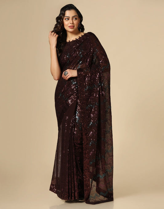 Brown Georgette Sequence Saree | Leemboodi