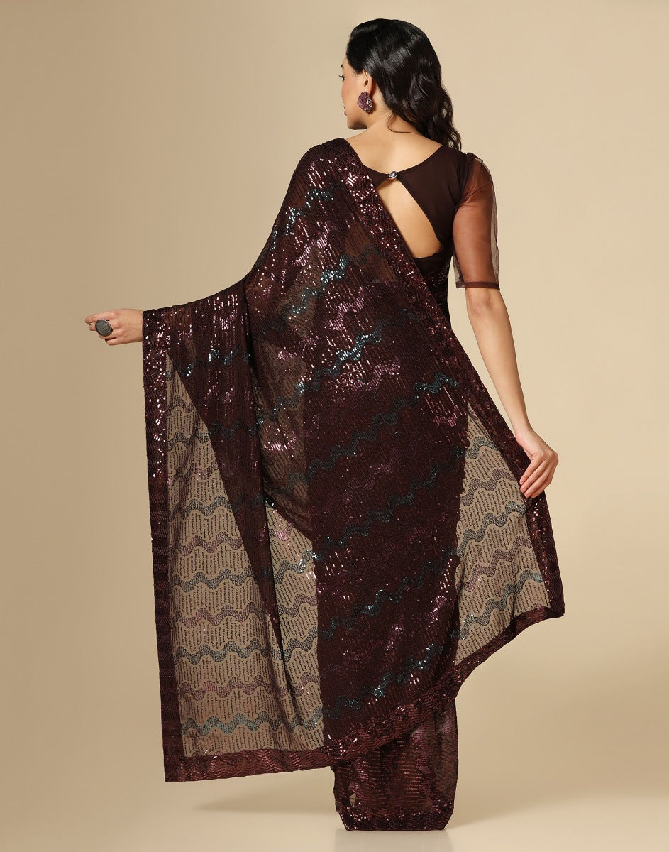Brown Georgette Sequence Saree | Leemboodi