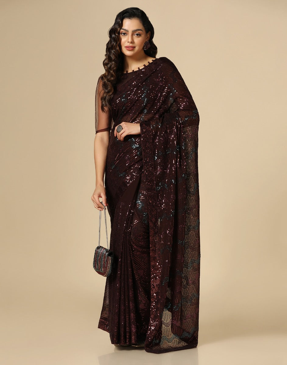 Brown Georgette Sequence Saree | Leemboodi