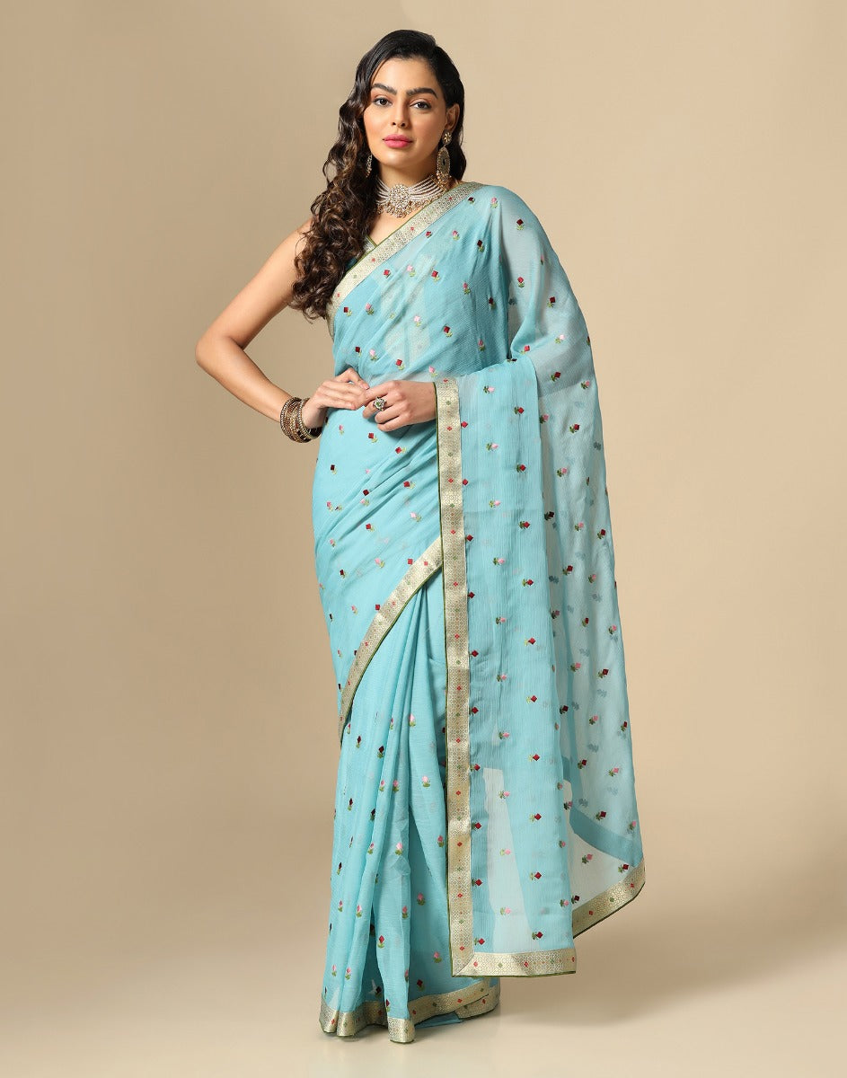 Sea Green Chiffon Embroidery Saree | Leemboodi