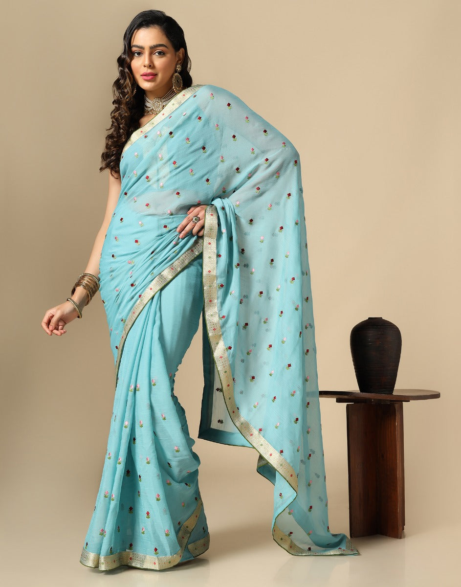 Sea Green Chiffon Embroidery Saree | Leemboodi
